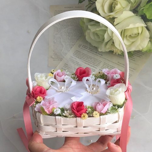 再販♡クラフトかご♡たっぷりピンクローズ♡リングガール♡リング