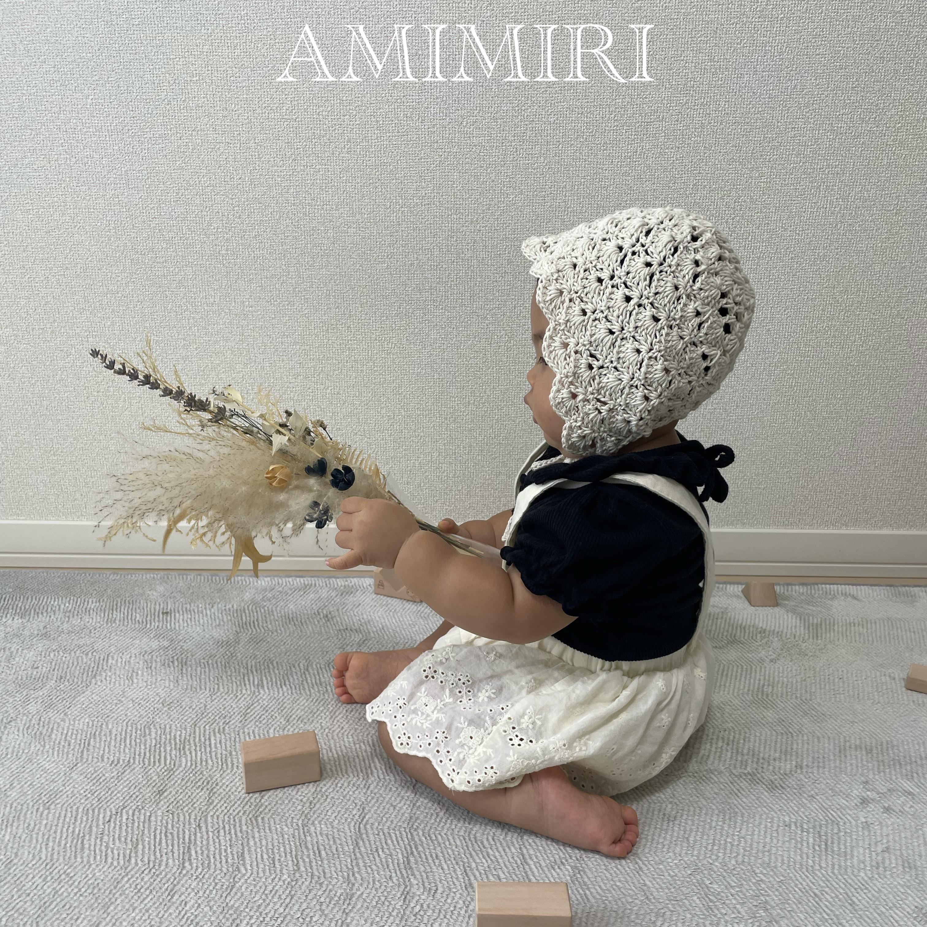 Amomento アイボリー レース編み ボンネット レース編みボンネット♡ivory アイボリー ベビー キッズ 鍵編み