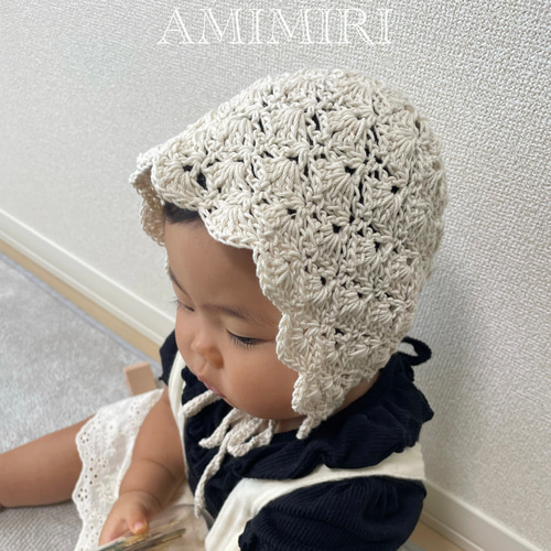 Amomento アイボリー レース編み ボンネット レース編みボンネット♡ivory アイボリー ベビー キッズ 鍵編み