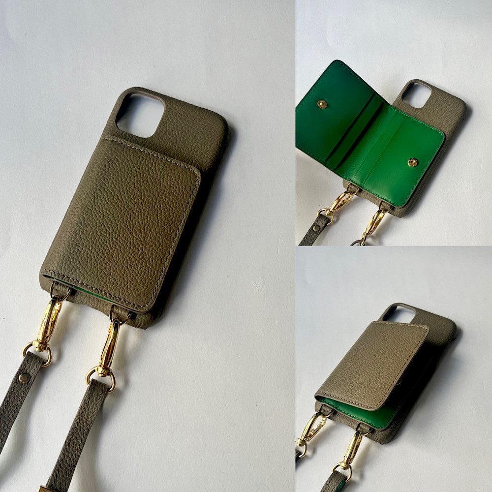 スマホショルダー 名入れ可　バイカラーetaupe+green　本革 　スマホケース  レザー　iphoneケース