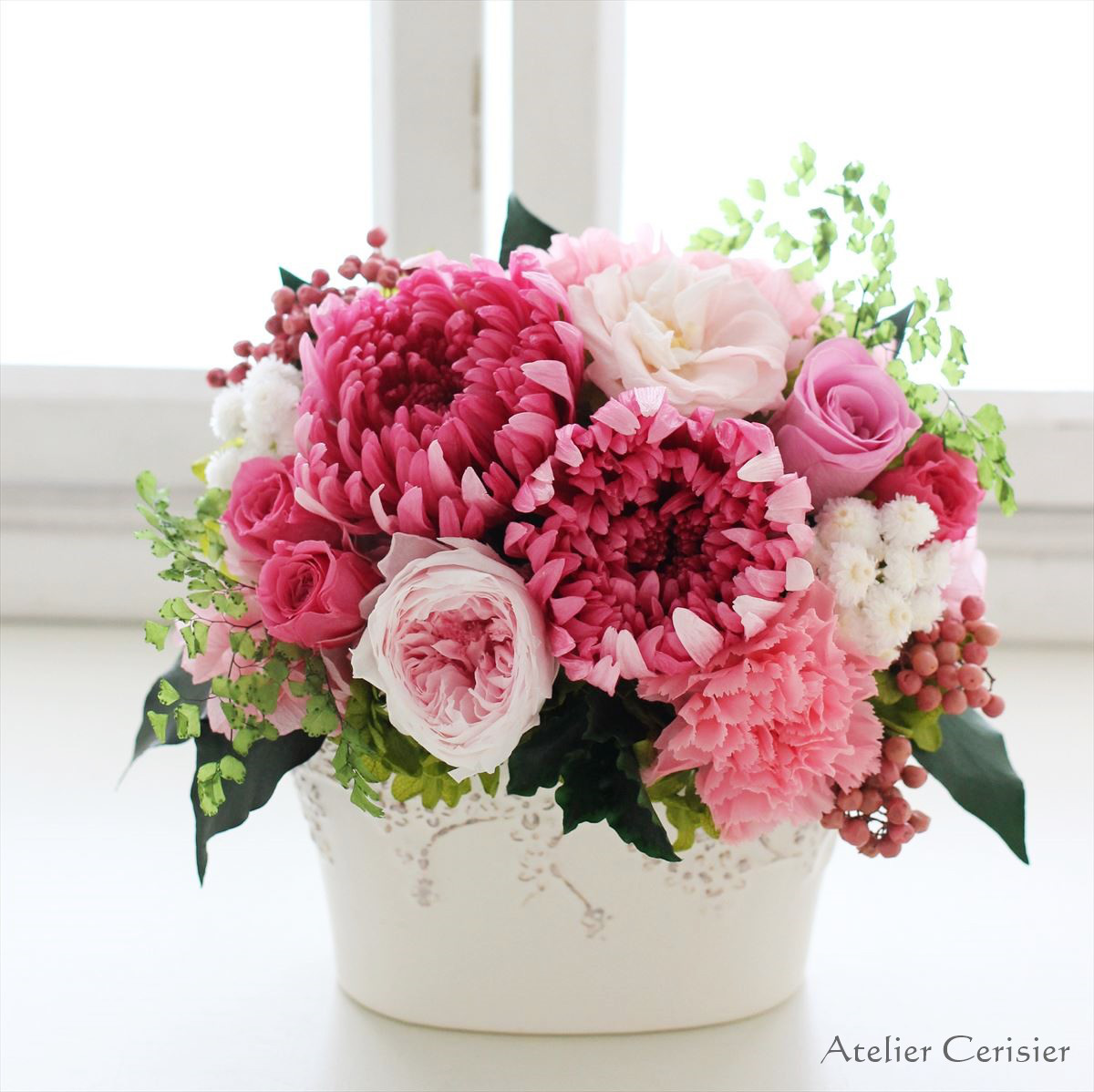 輪菊の洋風仏花＜フラワーライン＞ピンク プリザーブドフラワー