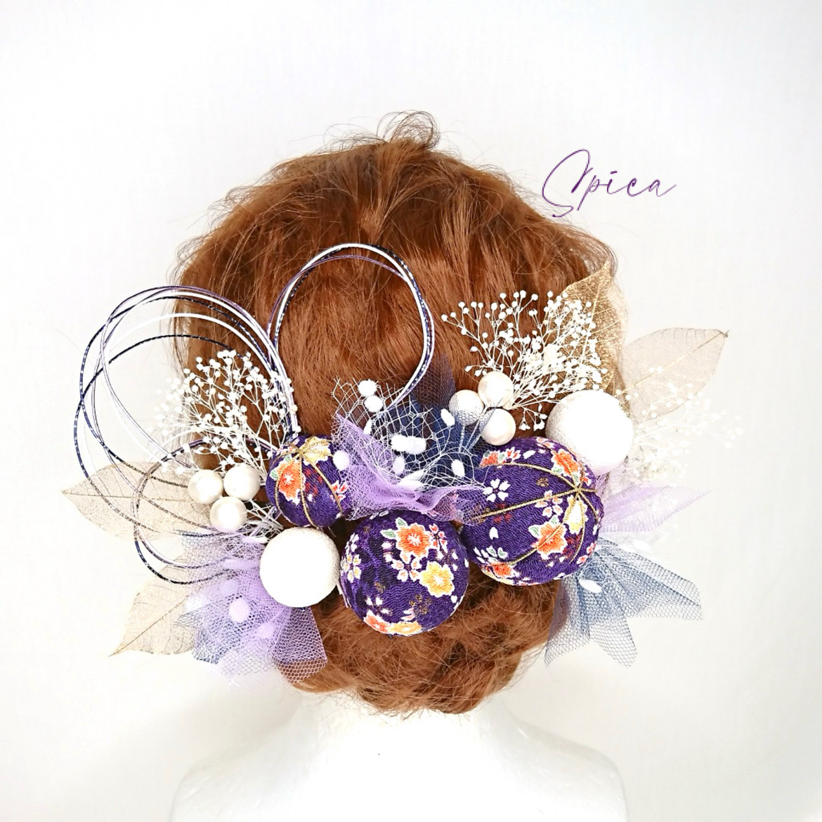 【一点限定】ちりめん玉とチュールとプリザかすみ草のヘッドドレス 髪飾り プリザーブドフラワー 水引 和玉 和装 成人式