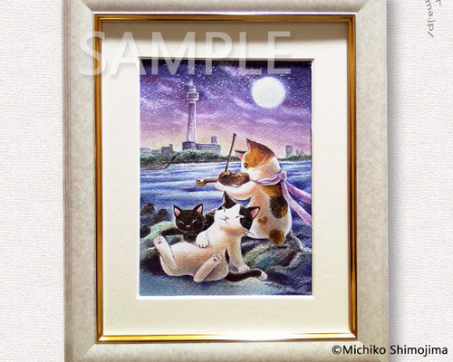 原画・パステル画｢月明り｣下島みちこ/絵画・額縁・猫・月・夜