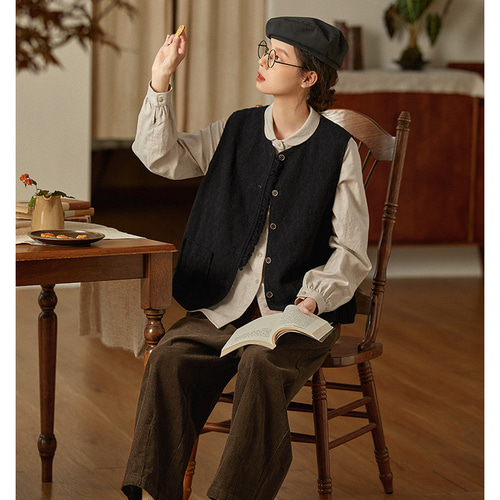 ベストリネン鴟鴞様 ベストリネン鴟鴞様 リネンベスト＜手描き柳＞ | akkaの手描き服