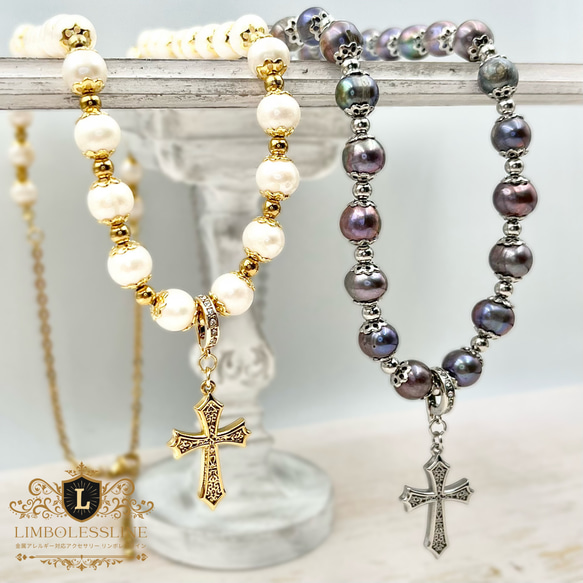 シルバー】十字架と淡水パールのマチネネックレス[2WAY]【金属