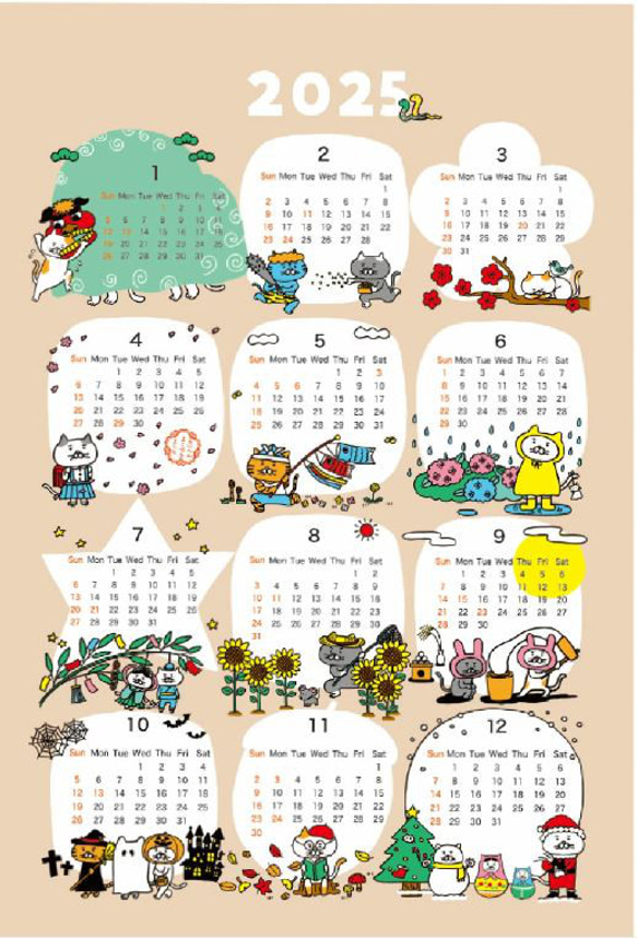 完売御礼】「猫さんカレンダー」2025年 令和7年 布カレンダー 猫 