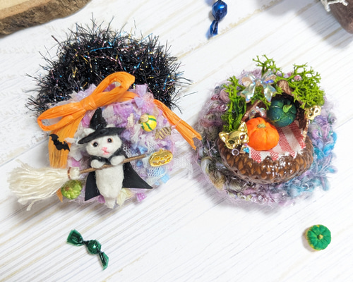 身長2.2cm 魔女っ子ネコのミニリース ＆ どんぐりハウス