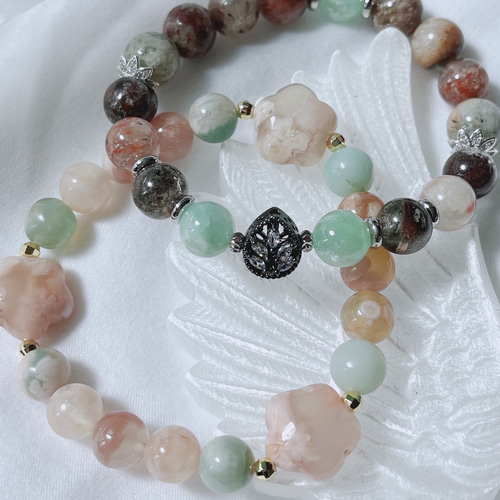 桜瑪瑙　天然石ブレスレット 桜2025【桜瑪瑙】桜瑪瑙ブレスレット 天然石ブレスレット グリーン瑪瑙