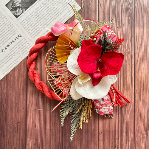 No.91 胡蝶蘭とカラーのしめ縄リース2025 ハンドメイドお正月飾り玄関  
