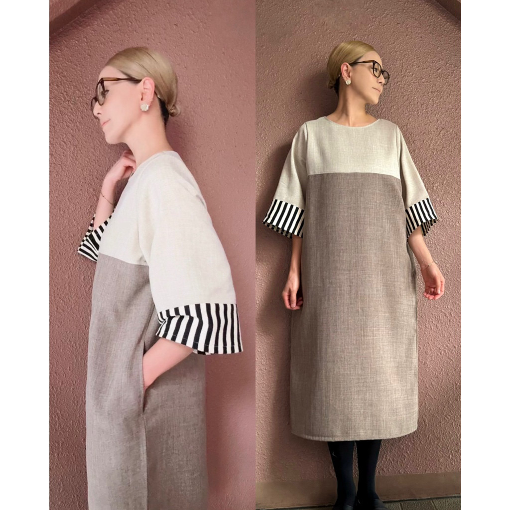 RATA❤️長さ選べる❤️ストライプ袖ワンピース❤️1枚でカッコ可愛く体型カバー❤️卒業＆入学にも❤️上品グレージュ