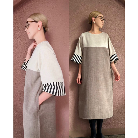 RATA❤️選擇你的長度❤️條紋袖連身裙❤️一件就很酷很可愛❤️非常適合畢業典禮和入學典禮❤️優雅的灰褐色 第1張的照片