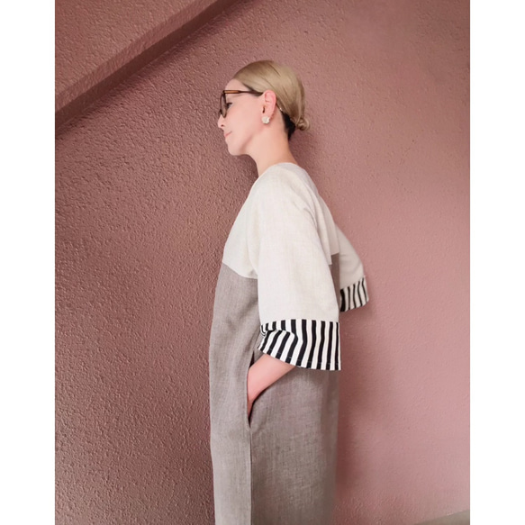 RATA❤️選擇你的長度❤️條紋袖連身裙❤️一件就很酷很可愛❤️非常適合畢業典禮和入學典禮❤️優雅的灰褐色 第5張的照片