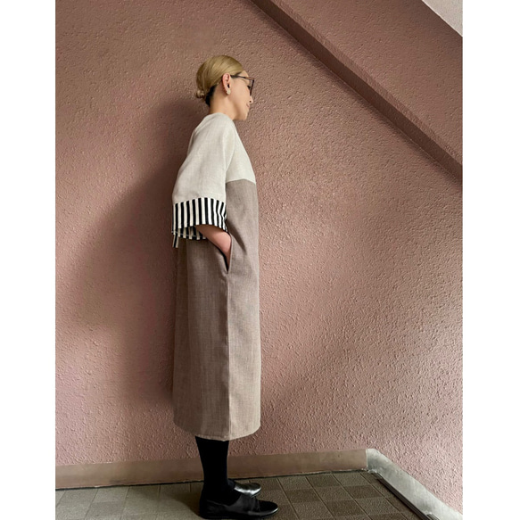 RATA❤️選擇你的長度❤️條紋袖連身裙❤️一件就很酷很可愛❤️非常適合畢業典禮和入學典禮❤️優雅的灰褐色 第6張的照片