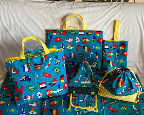 入園3点セット、道具袋、絵本袋　イエロー円柄水色×スモーキーブルー　MIYOさん 88a57a1476c6852e71e2ca74eb7c43