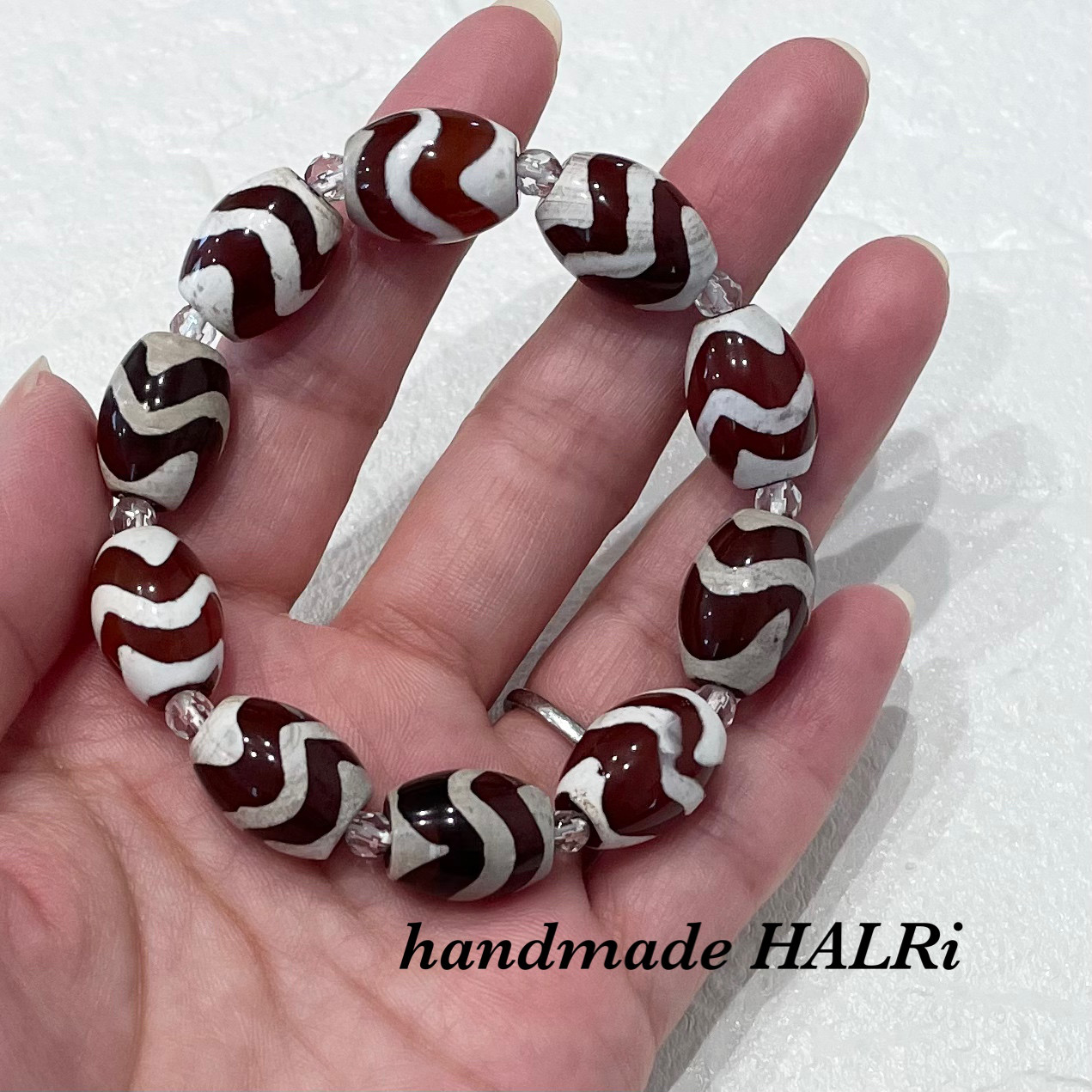 天然石ブレスレット419◇水紋虎牙天珠×水晶 ブレスレット