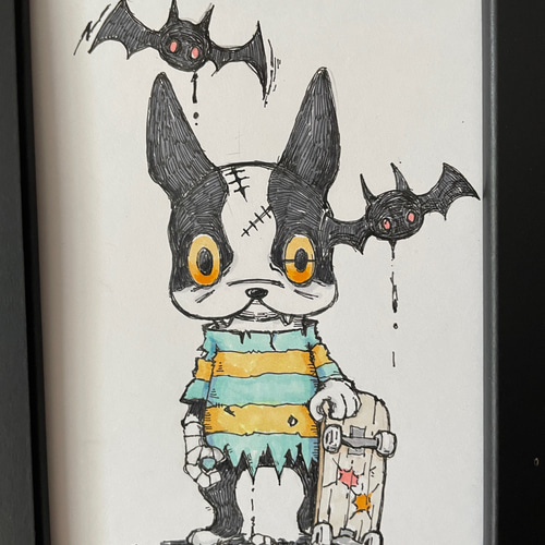 ボストンテリア ドラキュラ手描きイラスト原画 イラスト ぼすと