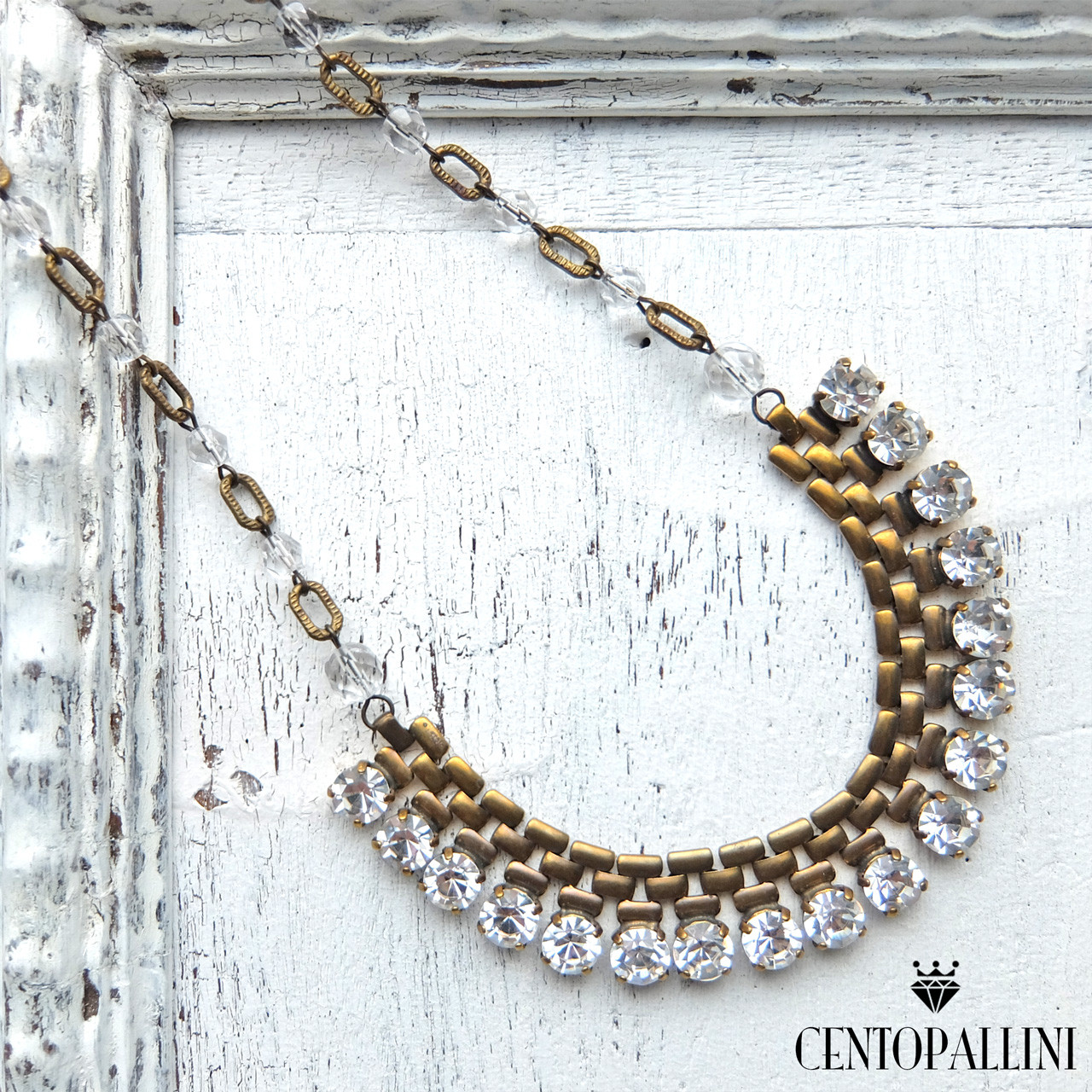 ヴィンテージチェーンとクリスタル ラインストーン ビブネックレス、クリスタル ラインストーン ショートネックレス