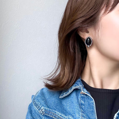 ゴールドあり＊天然石 しずくブラックオニキス × メタルシルバー