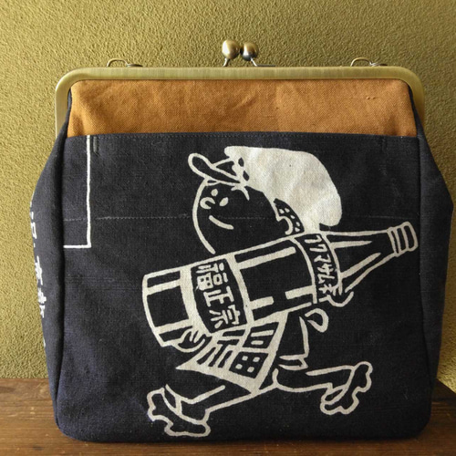 送料無料【前掛けリメイク】がま口 角型バッグ・大 (福光屋・フク