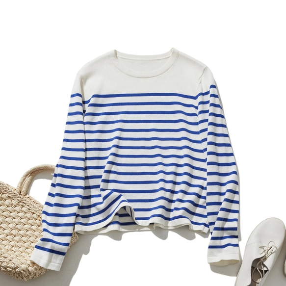 ★現貨★ 經典條紋針織長袖毛衣，配色協調，白色和藍色，240918-1 第10張的照片