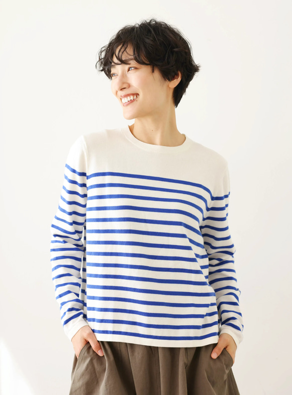 ★現貨★ 經典條紋針織長袖毛衣，配色協調，白色和藍色，240918-1 第3張的照片