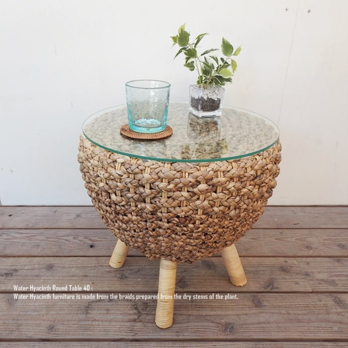 ウォーターヒヤシンス ラウンドテーブル40 ガラストップ サイドテーブル ナイトテーブル