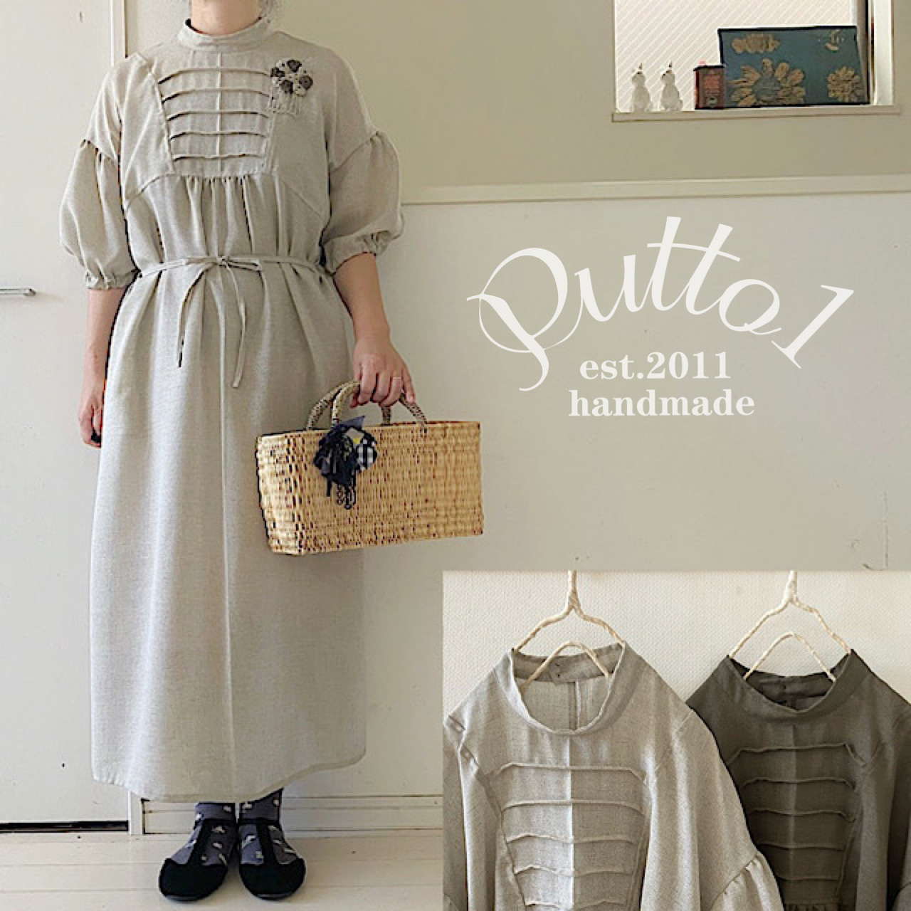 選べる色と袖口デザイン「受注生産」上品でクラシカルなギャザーたっぷりパフスリーブ・2wayワンピース6分袖・トリアセテー