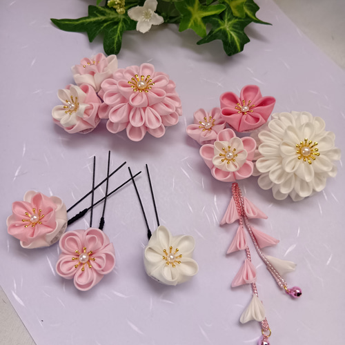 大人かわいい 髪飾り ピンク 白 つまみ細工 ヘアアクセサリー クリップ