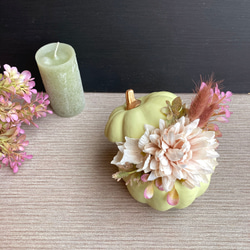 【ハーベストハロウィン】グリーンパンプキンのシャンペトルアレンジメント　受注制作 1枚目の画像