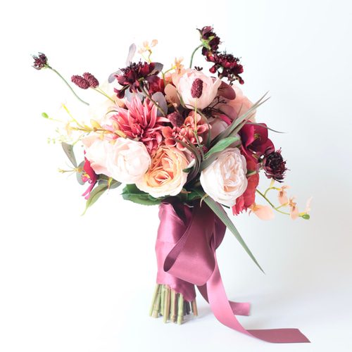 高級　バラフラワーブーケ　W86　造花ブーケ　ウェディングブーケ 秋のバラを束ねたウェディングブーケ（アーティフィシャルフラワー