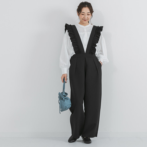 全2色】華奢見えスッキリVライン 肩フリル サロペット パンツ 24953