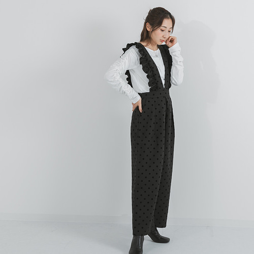 全2色】華奢見えスッキリVライン 肩フリル サロペット パンツ 24953