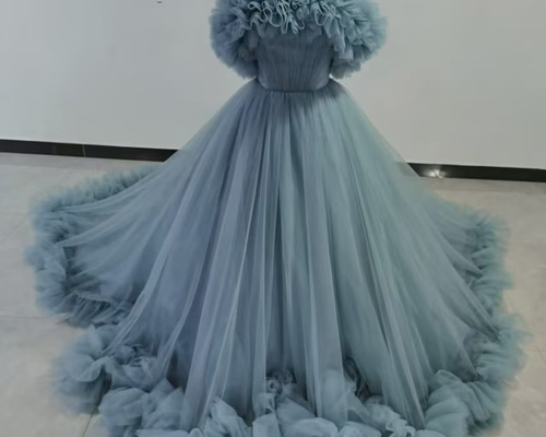 人気上昇！カラードレス ブルー 取り外しオフショルダー ラッフル  