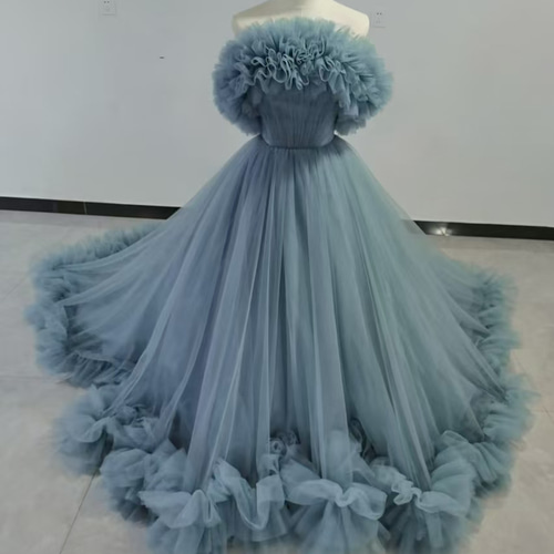 人気上昇！カラードレス ブルー 取り外しオフショルダー ラッフル  