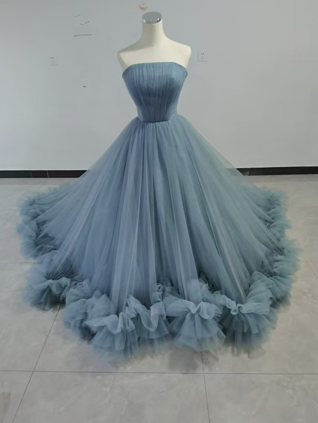 人気上昇！カラードレス ブルー ベアトップ ラッフルフリル ソフトチュール デザイン感 花嫁