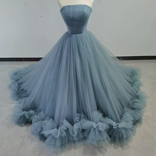 人気上昇！カラードレス ブルー ベアトップ ラッフルフリル ソフト  