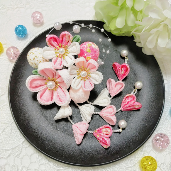 七五三 小さなちりめん玉 つまみ細工 髪飾り(白 ピンク) パール