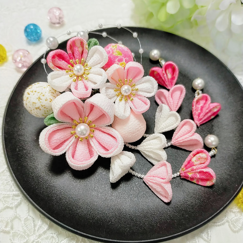 七五三 小さなちりめん玉 つまみ細工 髪飾り(白 ピンク) パール