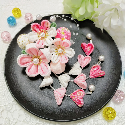 七五三 小さなちりめん玉 つまみ細工 髪飾り(白 ピンク) パール