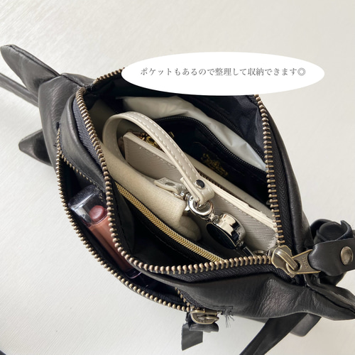 Sサイズ】馬革＊ブラック＊ネコ＊ボディバッグ＊オプションにて名入れ