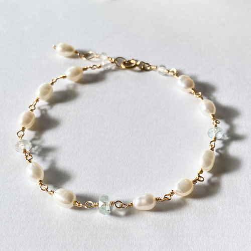 再販 14kgf エレガントな真珠とアクアマリンのブレスレット /1136-2