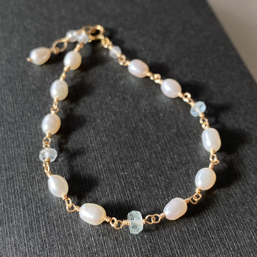 再販 14kgf エレガントな真珠とアクアマリンのブレスレット /1136-2