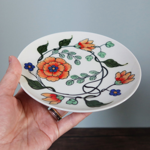 Orange フラワープレート ミディアム バッチャン焼き ベトナム食器