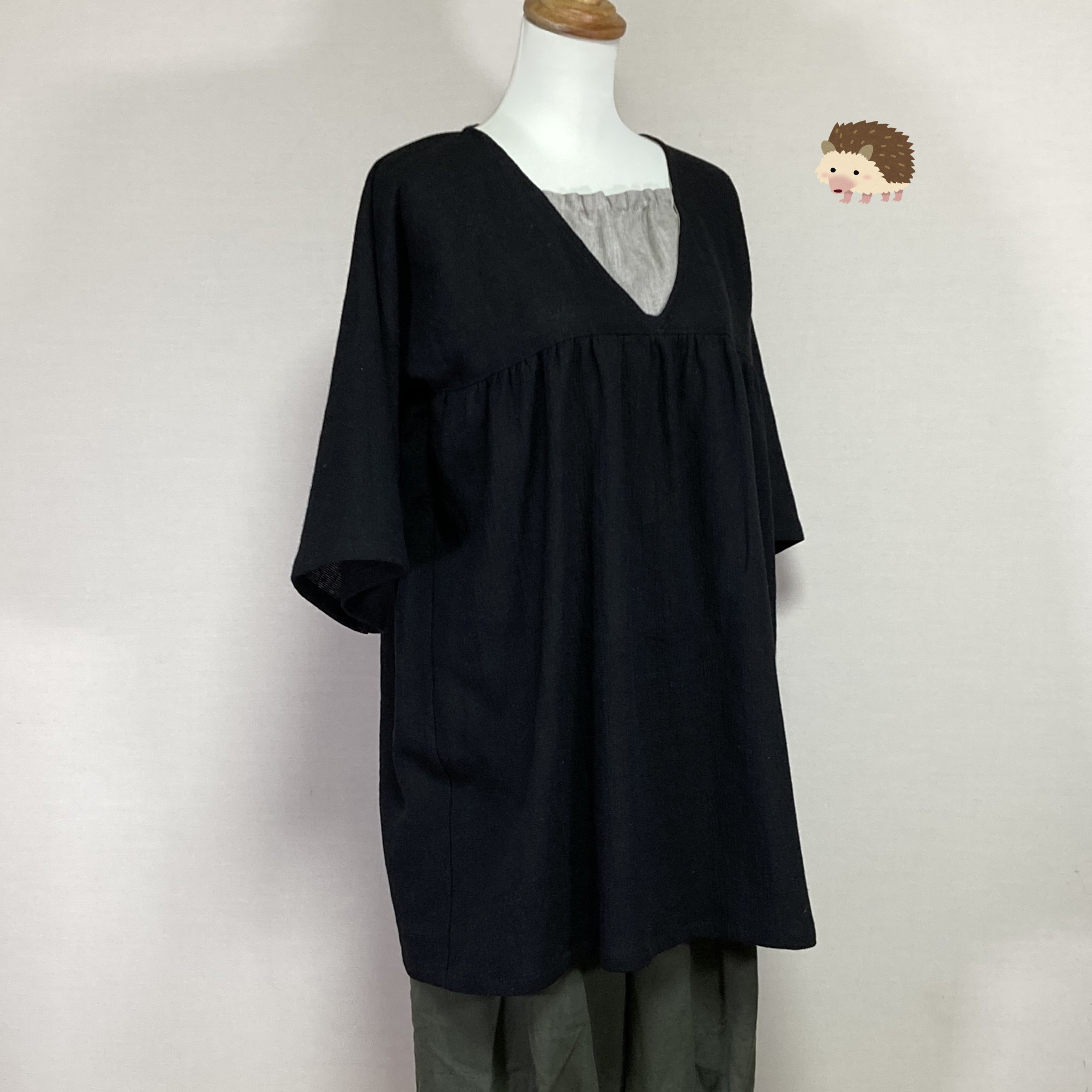 大人ガーリーチュニック◆【ラフクロス（ハーフリネン）黒】◆フリーサイズ