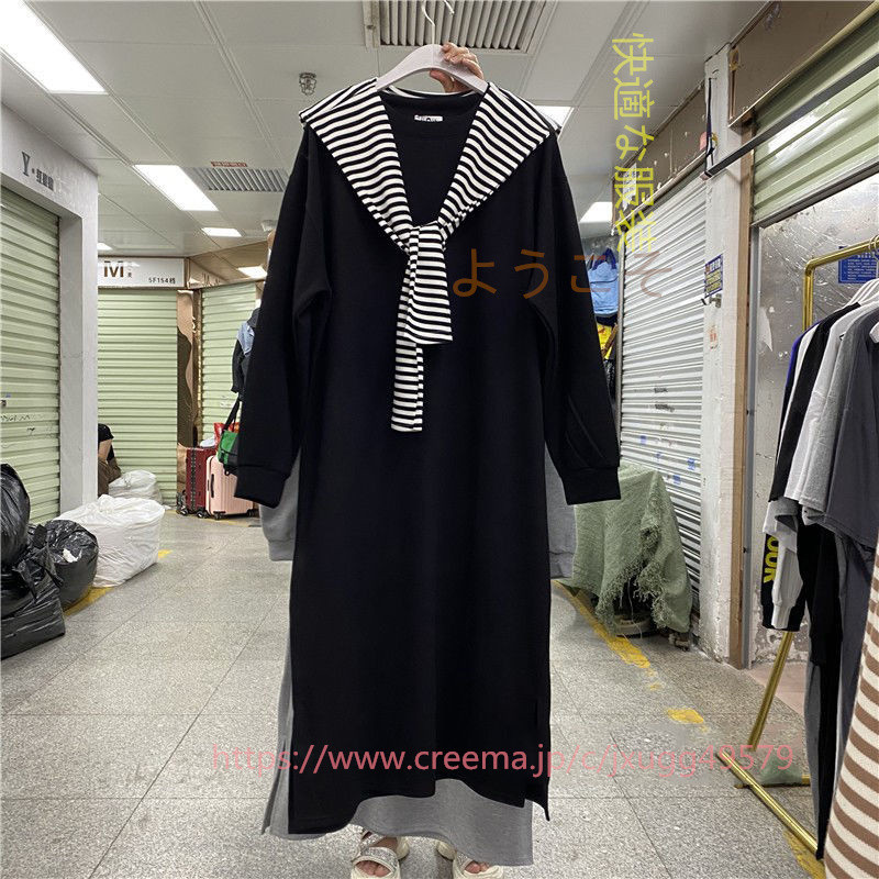 太った妹の偽2枚のケープの衛衣ワンピース女性の早秋のゆったりとした膝丈スカート