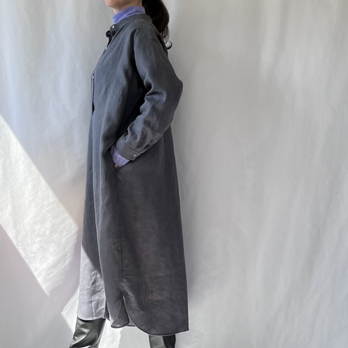 スッキリ縦長♪スタンドカラーのリネンシャツワンピース】長袖