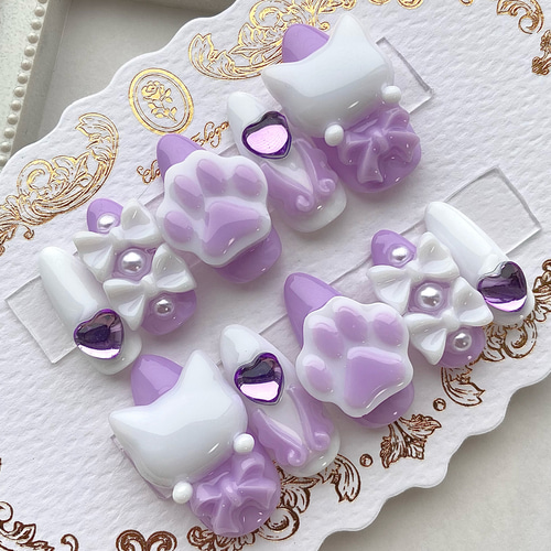 ネイルチップ 量産型 地雷 サブカル ピンク ホワイト 猫 肉球 ハート 天使