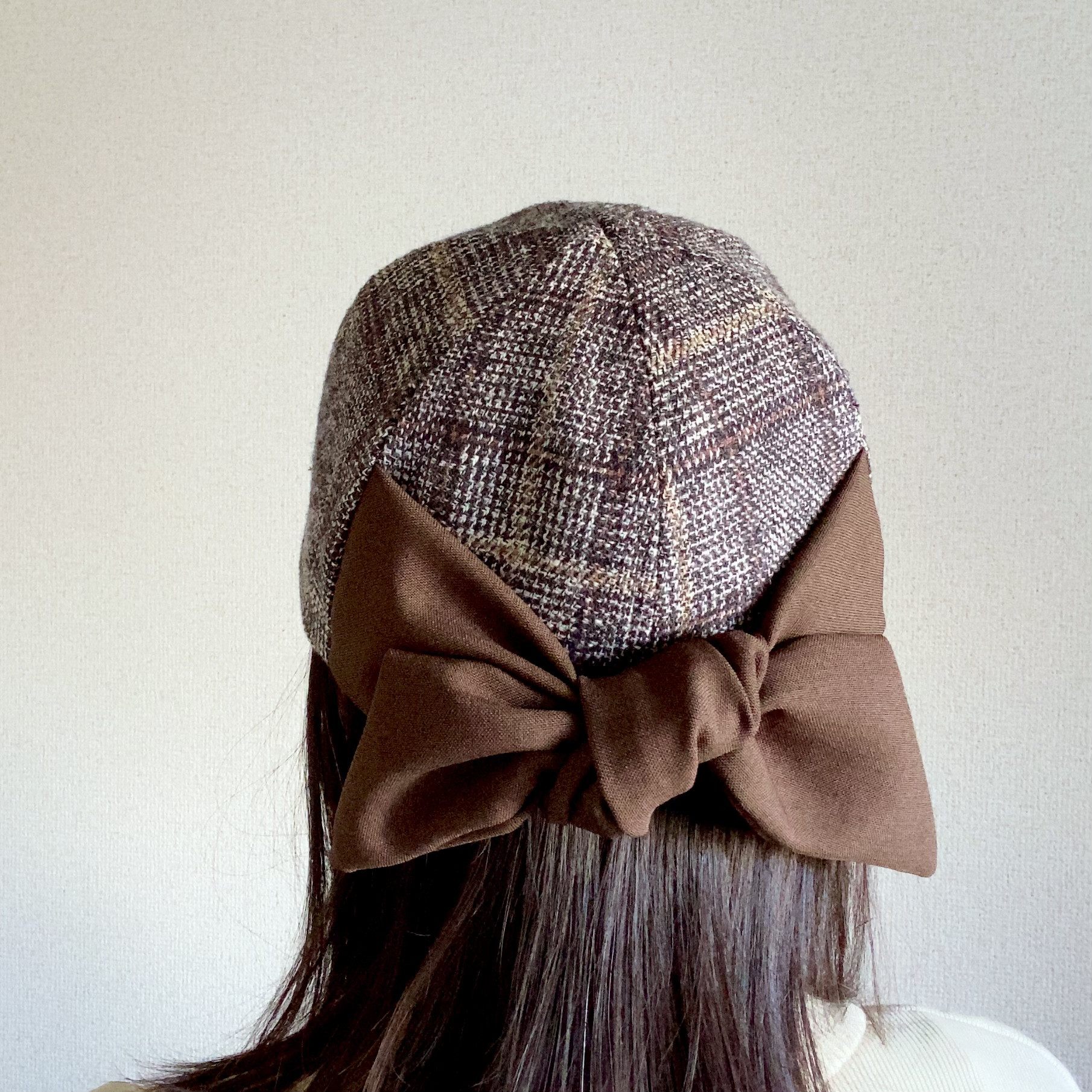 バックリボンのCAP＊秋冬やわらかコットン【サイズ受注制作/SS/S/M/L/LL】グレンチェック