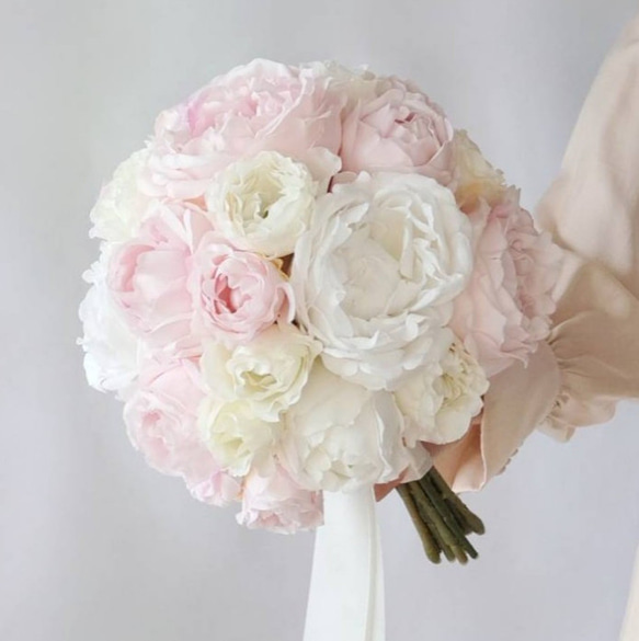 直径約20cm❀ピンク&ホワイトローズのラウンドブーケ&ブートニア  