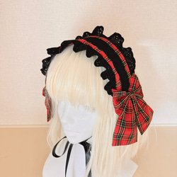 赤リボンタータンチェック 黒フリルヘッドドレス その他ヘア